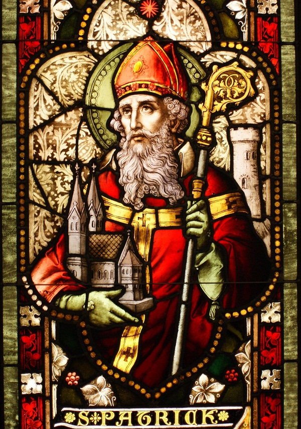 saint ptrick the patron saint of ireland holding a cool scepter- stained glass