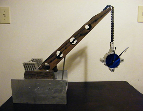 indoors steampunk art manufactured in a workshop crane clock