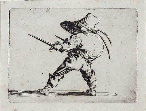 17th century French printmaker Jacques Callot artwork featuring little men with swords and musical instruments 