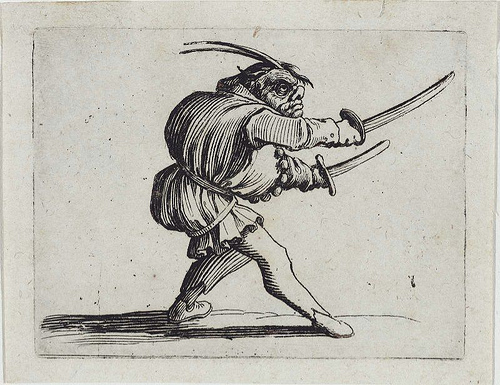17th century French printmaker Jacques  Callot artwork featuring little men with swords and musical instruments 