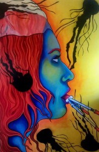 Woman with needles in her mouth with fire red hair by artist Caroline Green